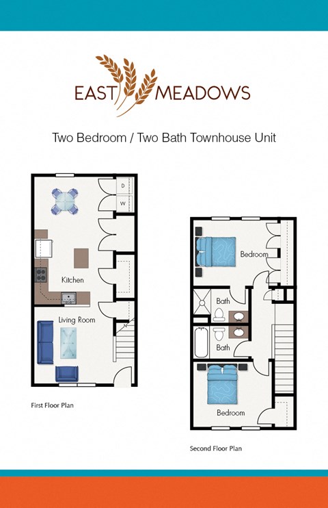 Floor plan for 2 beds, 2 baths, 1088 sqft